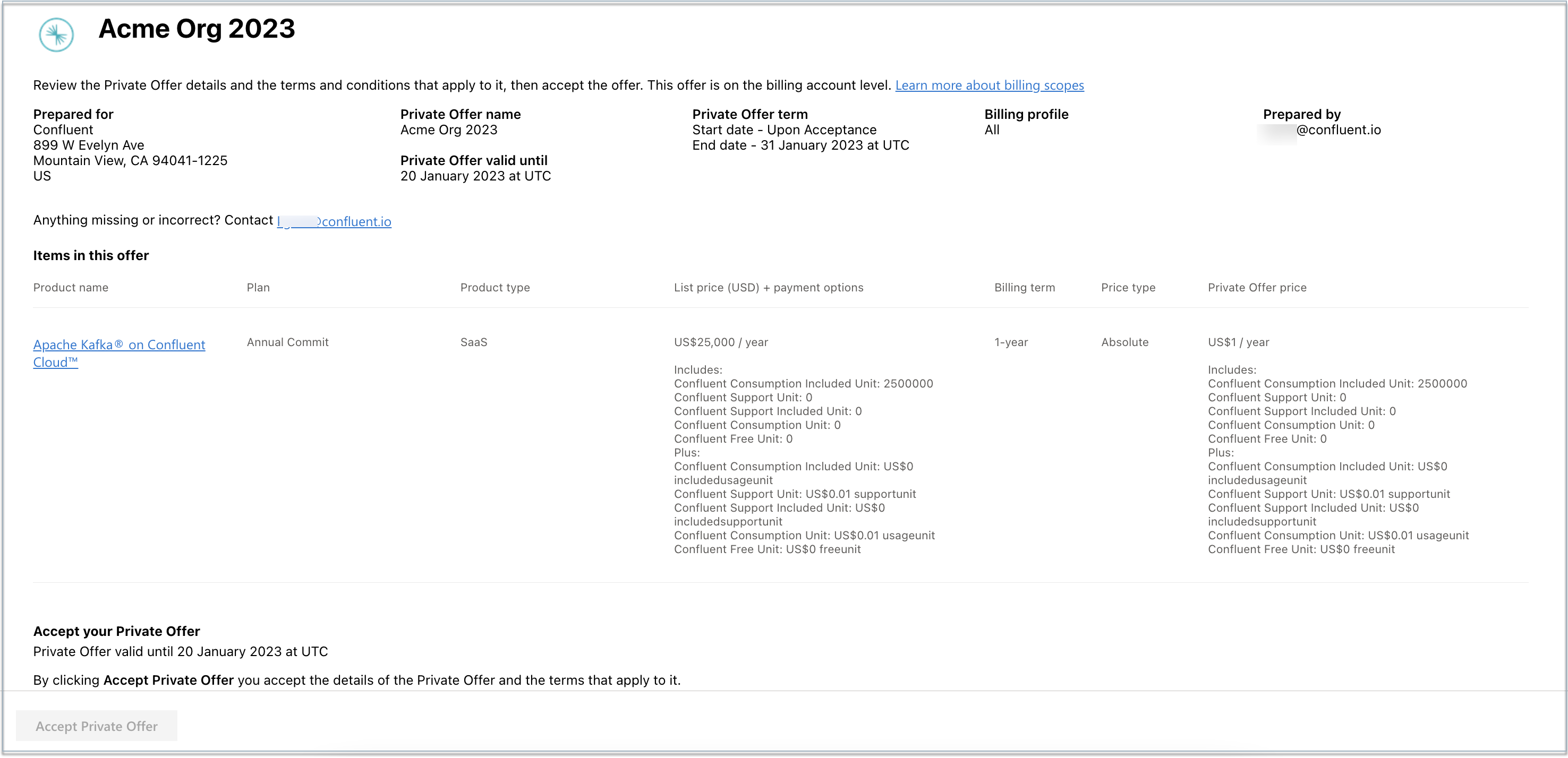 Private offer from Confluent
