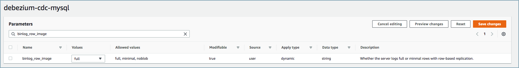 Set database binlog row image