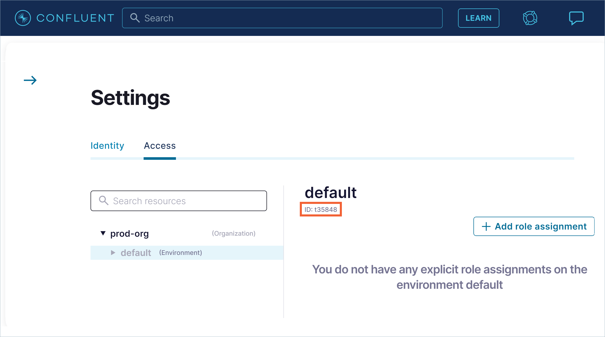 Confluent Cloud Access page showing the environment ID