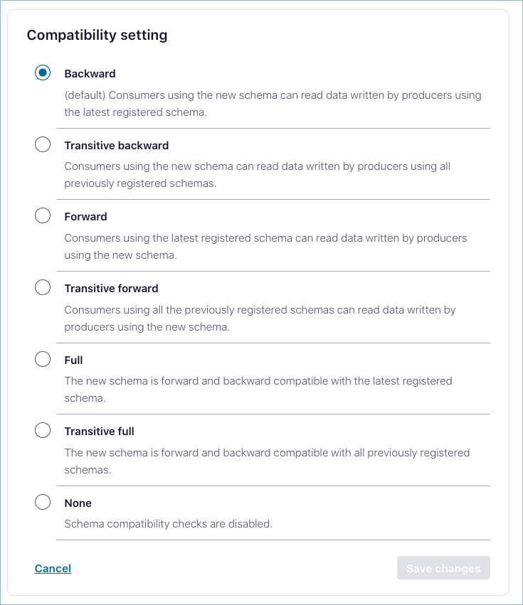 Screenshot of schema compatibility settings on Confluent Cloud