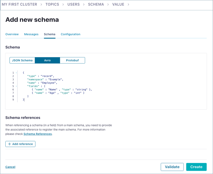 Create a schema and choose type in Confluent Cloud web UI