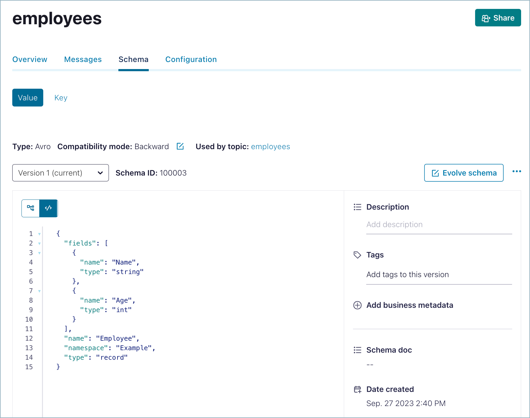 Screenshot of sample schema in Confluent Cloud