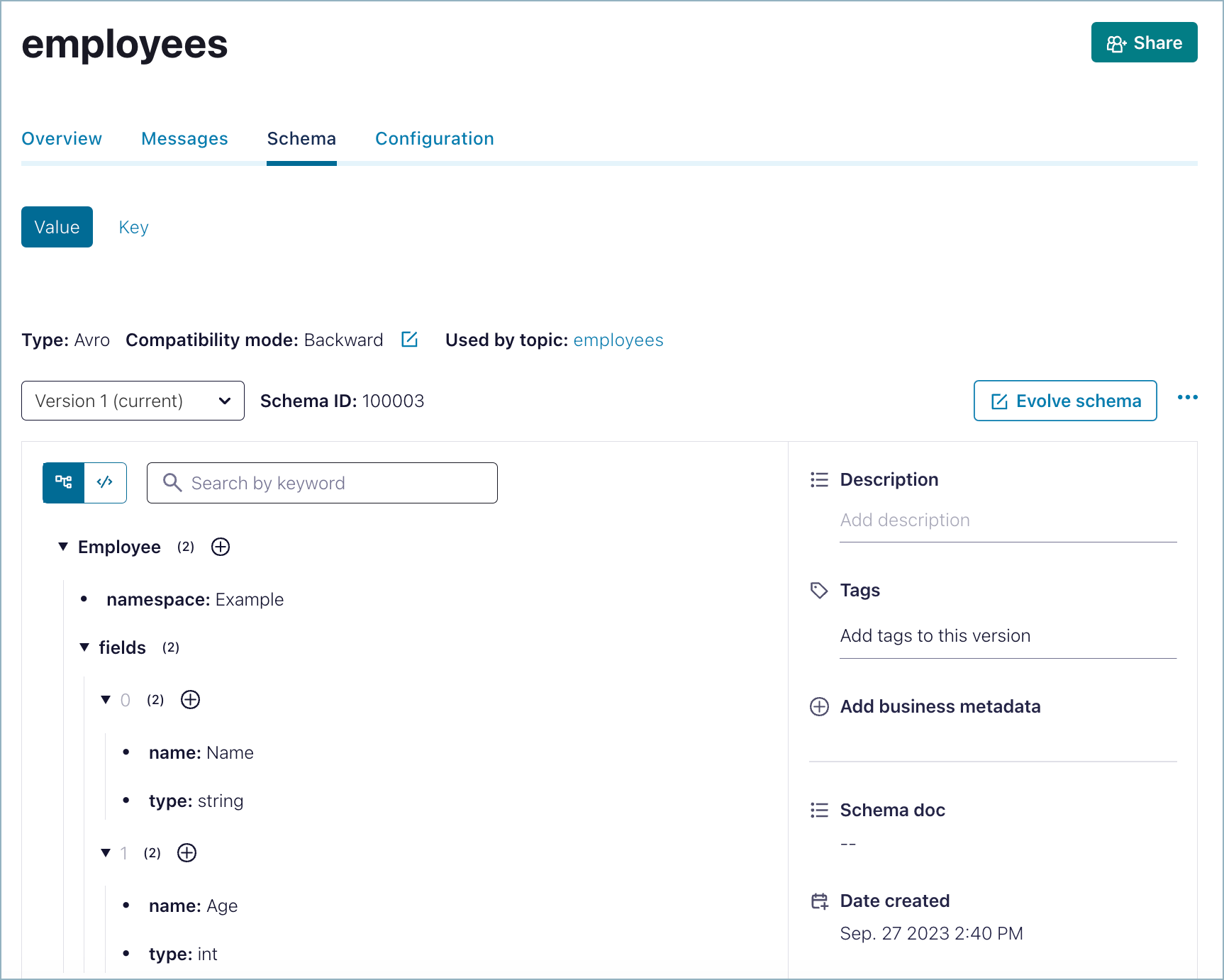 Screenshot of sample schema in Confluent Cloud