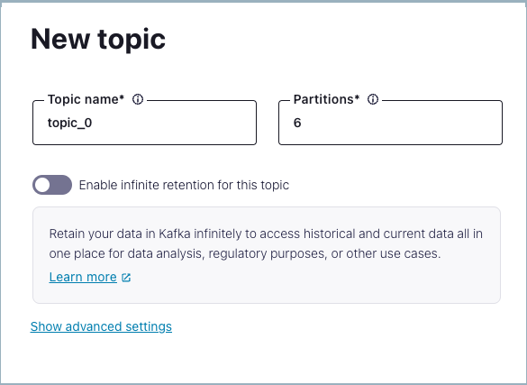 Topic page in Confluent Cloud showing a newly created topic