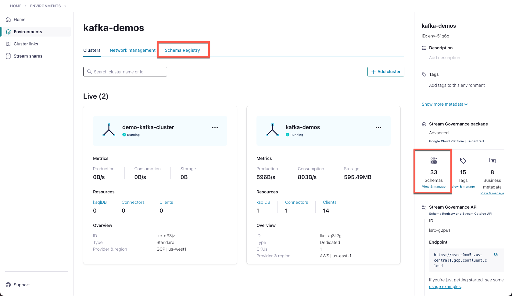 Screenshot of sample schema in Confluent Cloud
