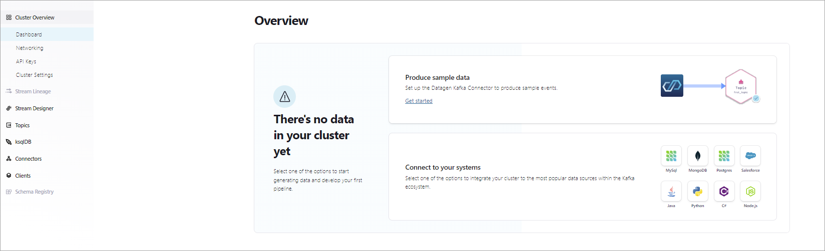 Screenshot of Confluent Cloud showing Cluster Overview page