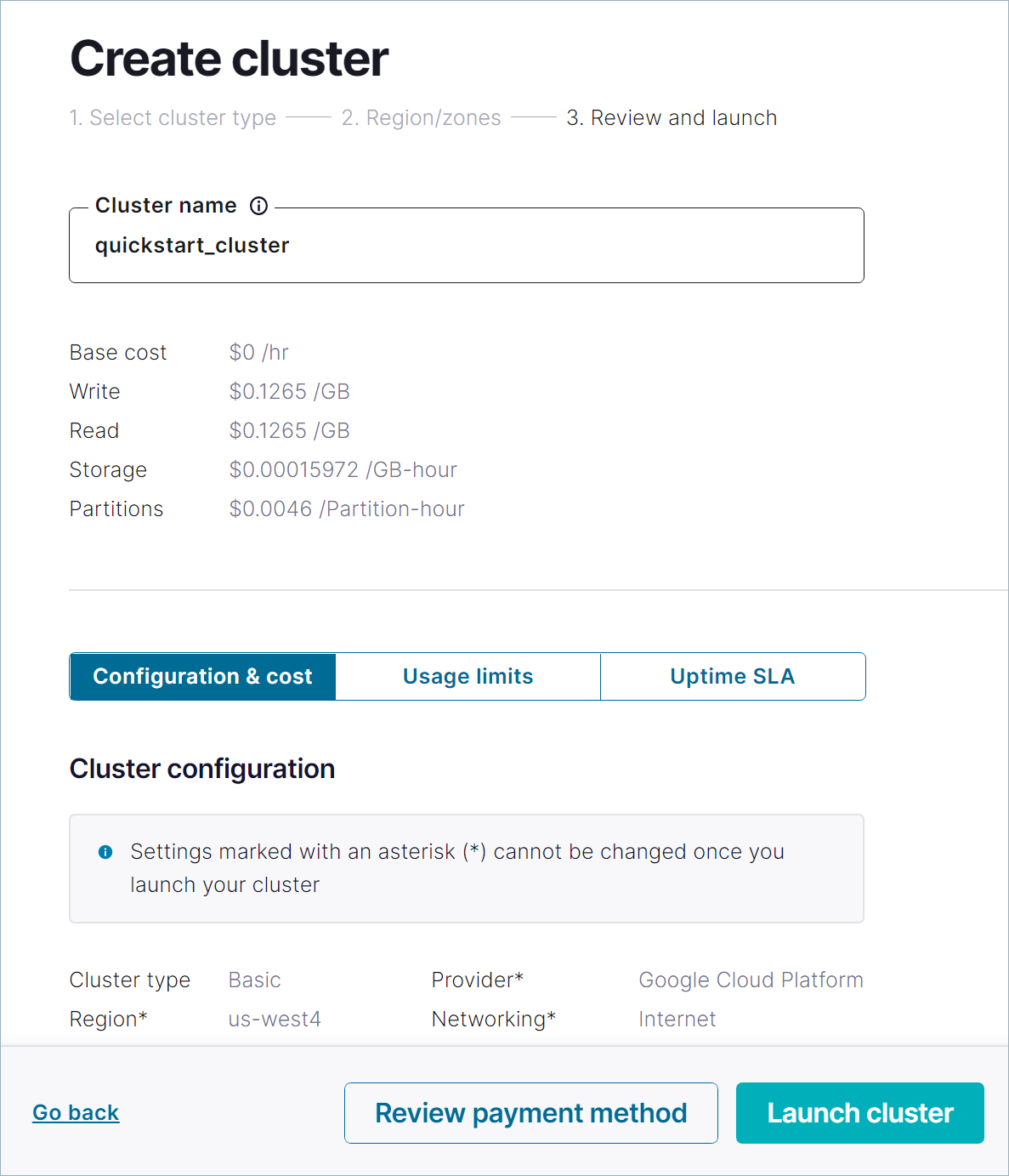 Screenshot of Confluent Cloud showing the Create Cluster workflow