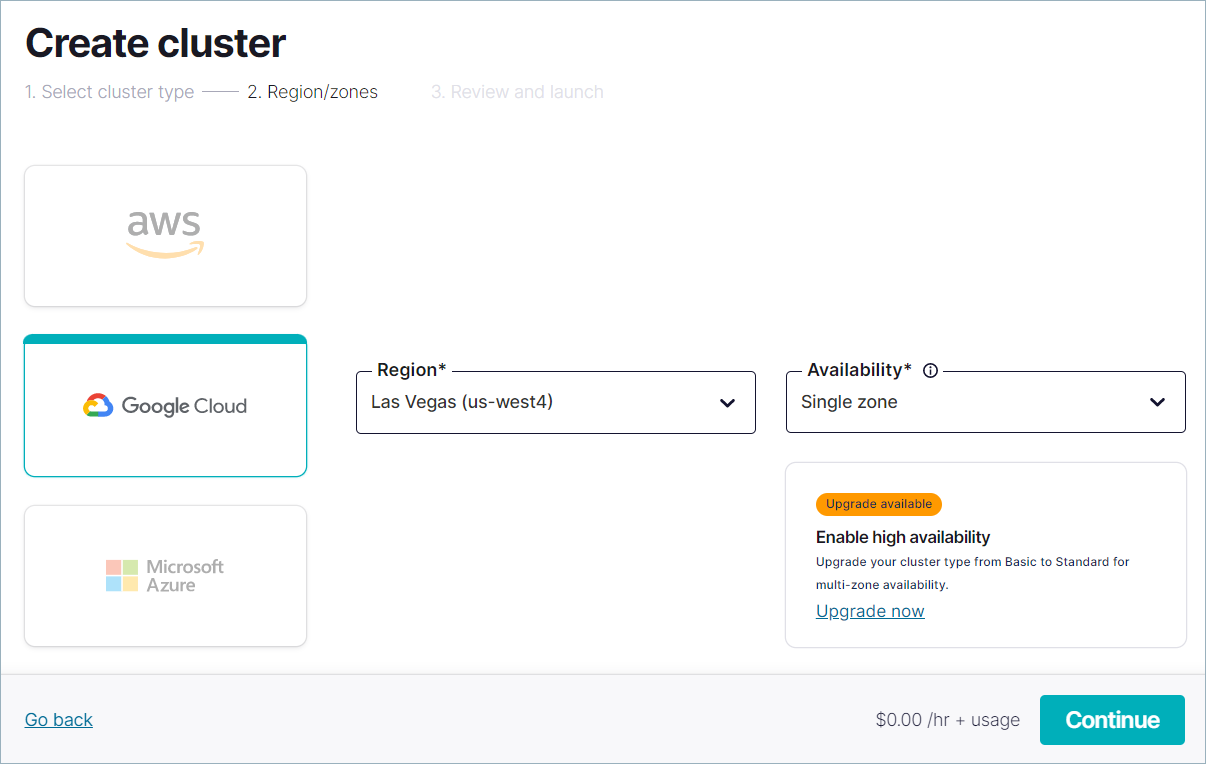 Screenshot of Confluent Cloud showing the Create Cluster workflow