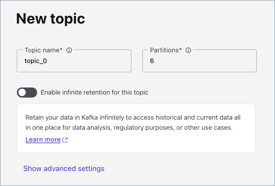 Create topic with defaults page Confluent Cloud