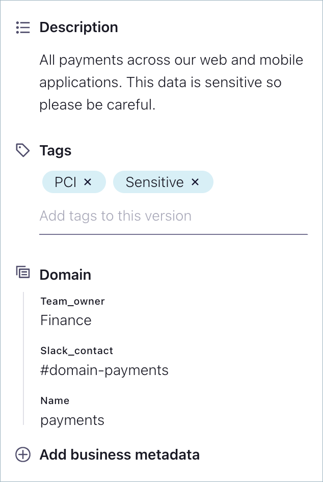 Screenshot of Business Metadata on Cloud Console for features page