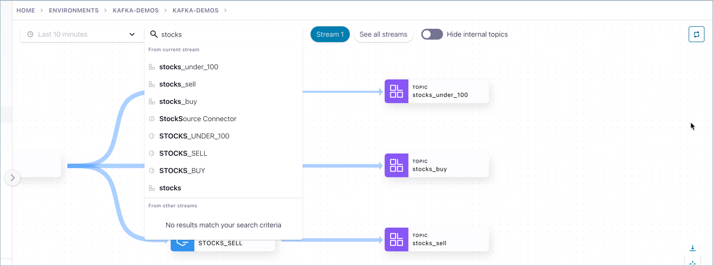 Screenshot of Stream Lineage search for features page