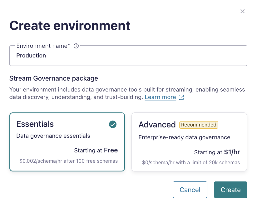 Screenshot of choosing a Stream Governance package