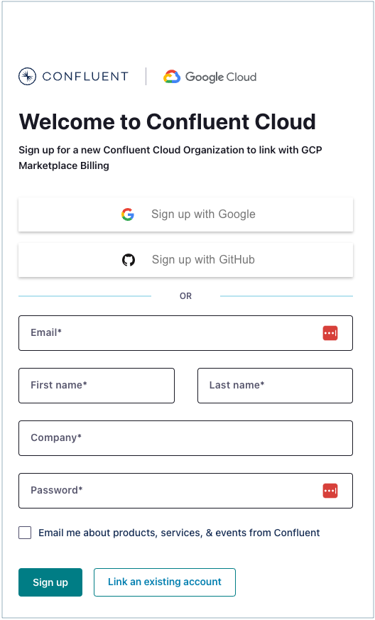 Confluent Cloud sign up page