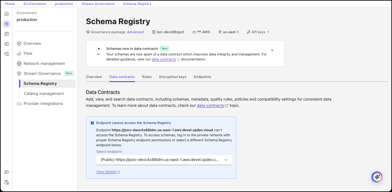 Error state for Schema Registry PrivateLink on Cloud Console