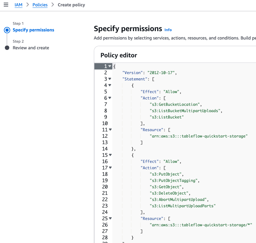 Screenshot of the AWS permission policy editor for a Confluent Tableflow S3 bucket