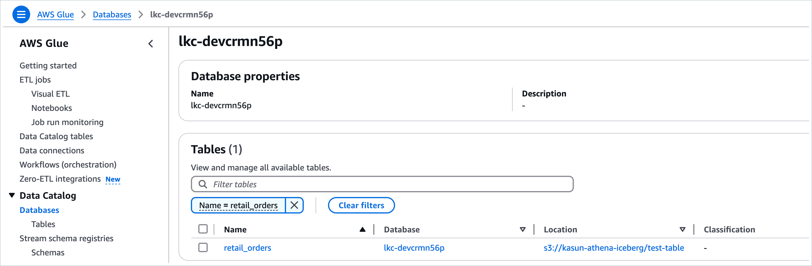 Screenshot of AWS Glue Console showing Tableflow integration