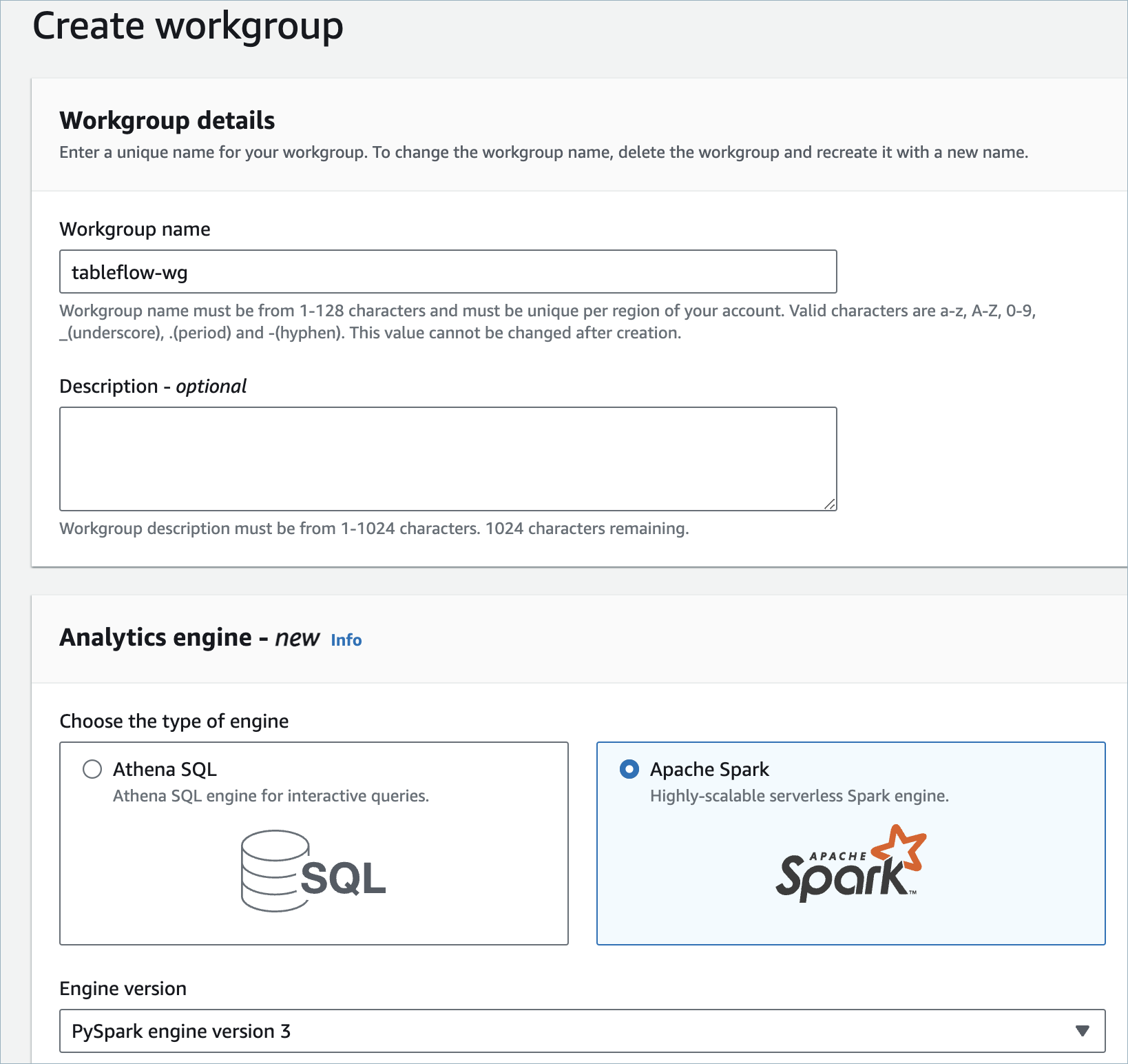 Screenshot showing the Create Workgroup page in Amazon Athena for Confluent Tableflow
