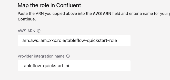Screenshot showing how to map the ARN of an AWS IAM role in Confluent provider integration