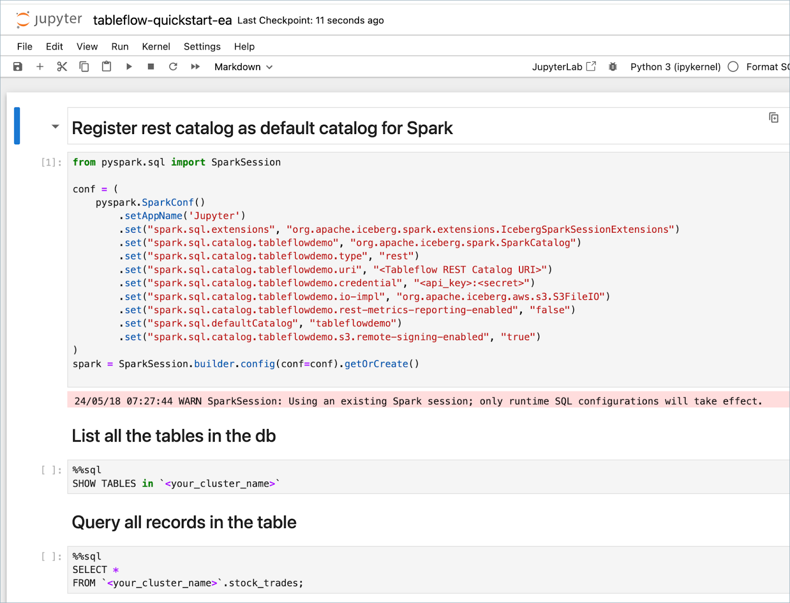 Screenshot of Jupyter notebooks in PySpark showing the Confluent Tableflow Playground notebook