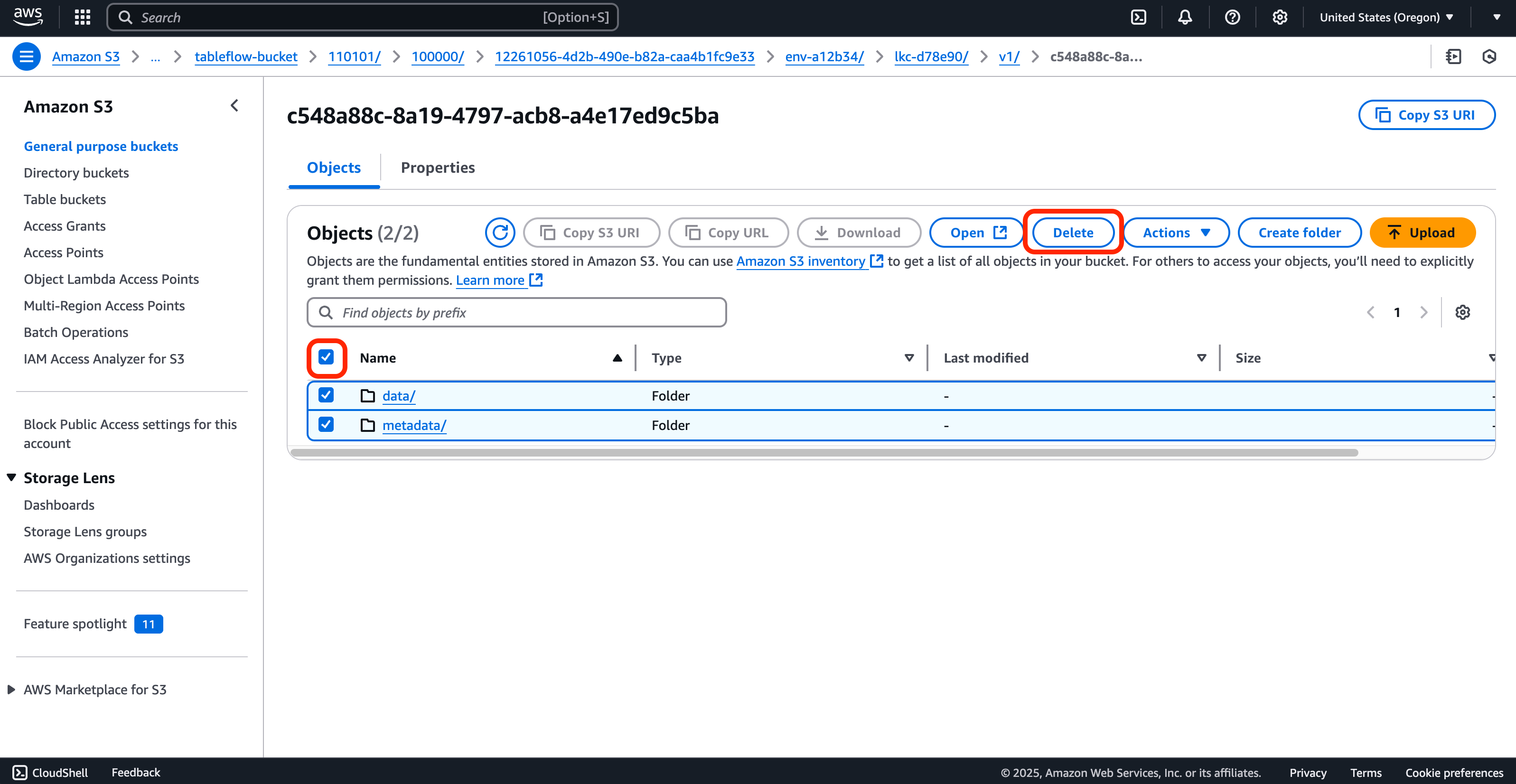 Screenshot of the workflow to delete a Tableflow-created object in S3
