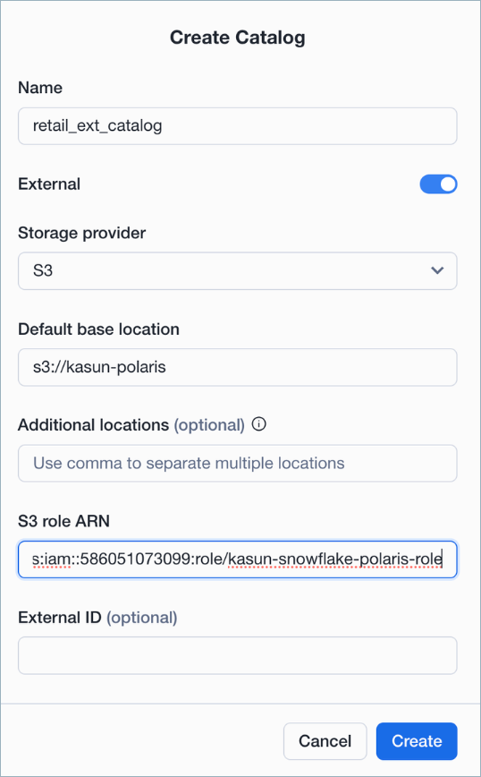 Screenshot showing catalog creation in Snowflake for Tableflow integration