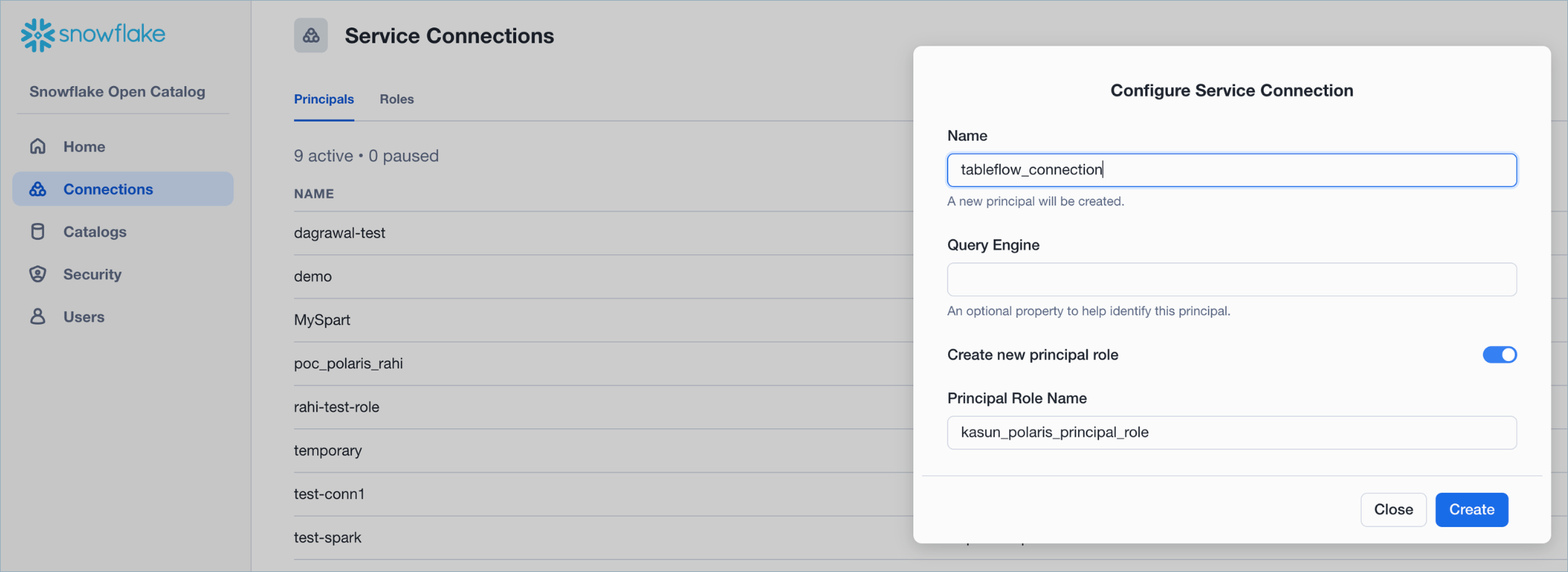 Screenshot showing service connection configuration in Snowflake Open Catalog for Tableflow integration