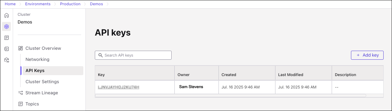 Screenshot of Schema Registry in Confluent Cloud listing newly created key