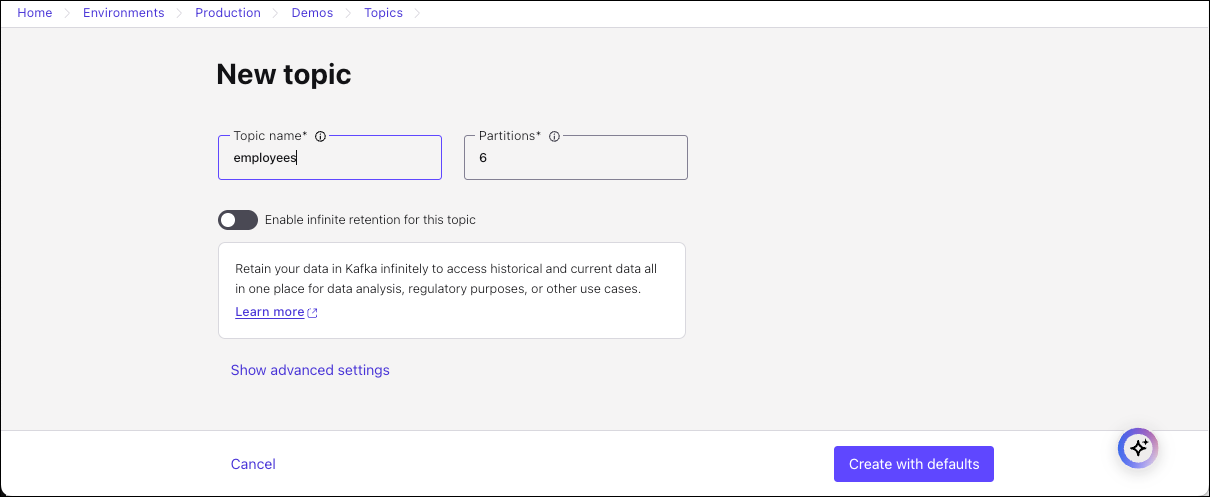 Screenshot of new topic dialog in Confluent Cloud