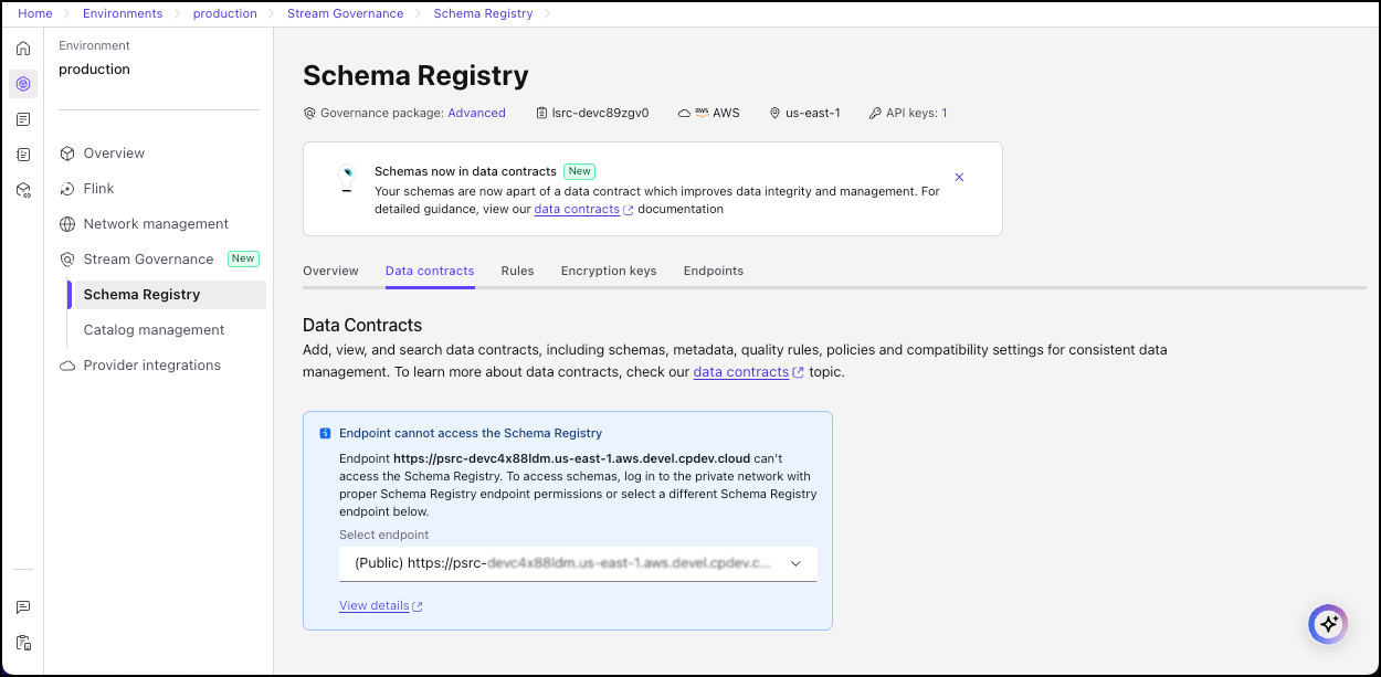 Error state for Schema Registry PrivateLink on Cloud Console