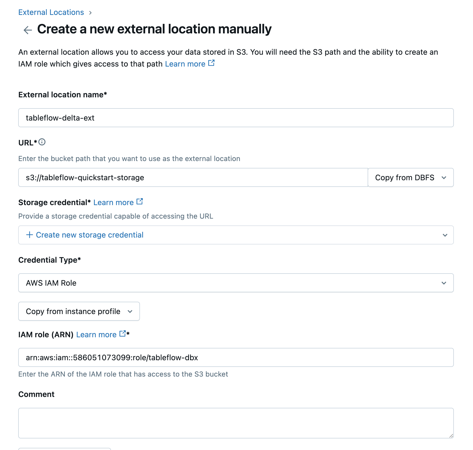 Screenshot of the new external location dialog in Databricks