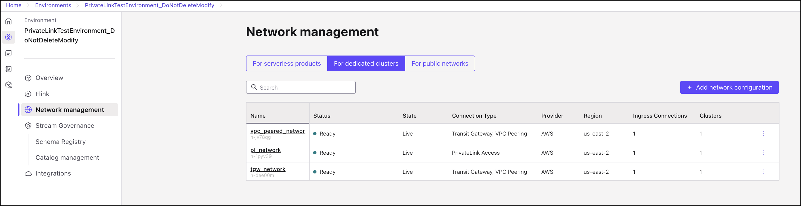 Use the Confluent Cloud Console to view a list of existing Confluent Cloud Networks